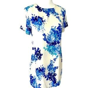 ANGL Blue and White Short Sleeve Floral Sheath Short‎ Summer Shirt Dress M